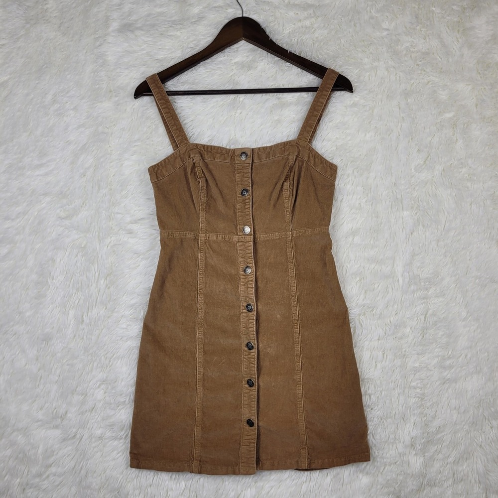 Hollister Womens Medium Brown Corduroy Button Up Mini Overall Dress Y2K Casual